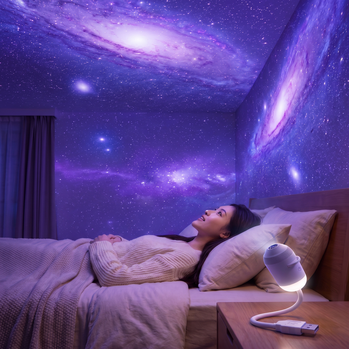 Bedroom ceiling and walls filled with a galaxy projection