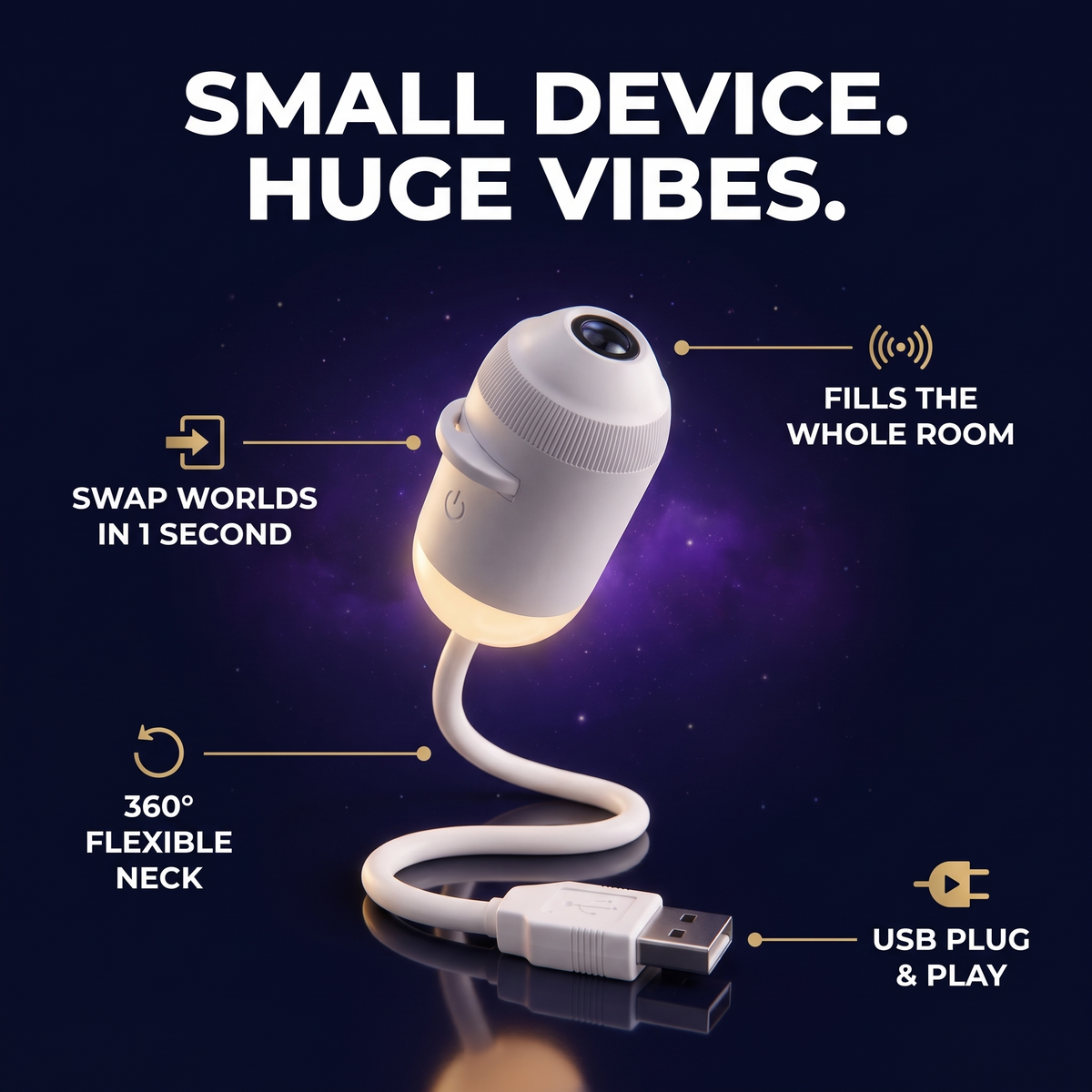 ORBILO features: fills the whole room, swap worlds in 1 second, 360° flexible neck, USB plug and play