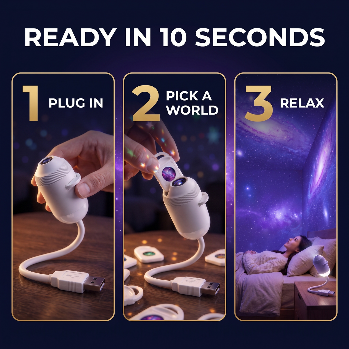 Ready in 10 seconds: plug in, pick a world, relax