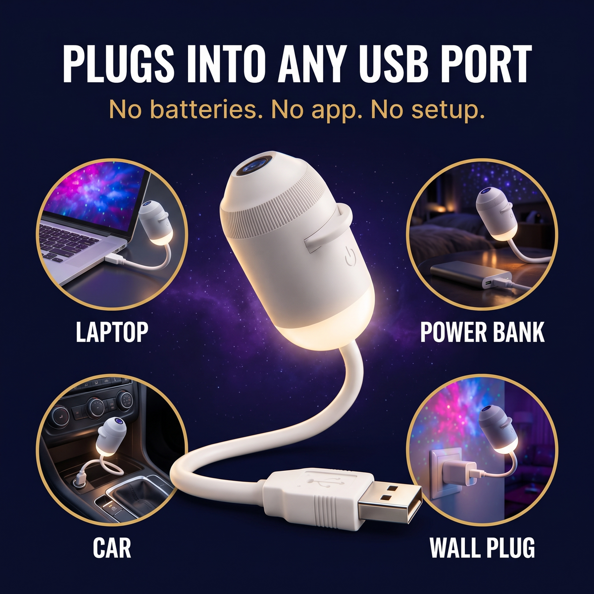 Plugs into any USB port: laptop, power bank, car, wall plug