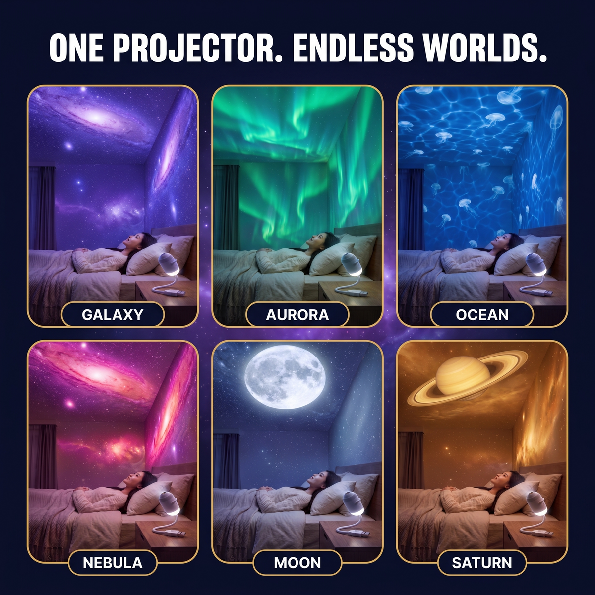 Six projection worlds: galaxy, aurora, ocean, nebula, moon, Saturn