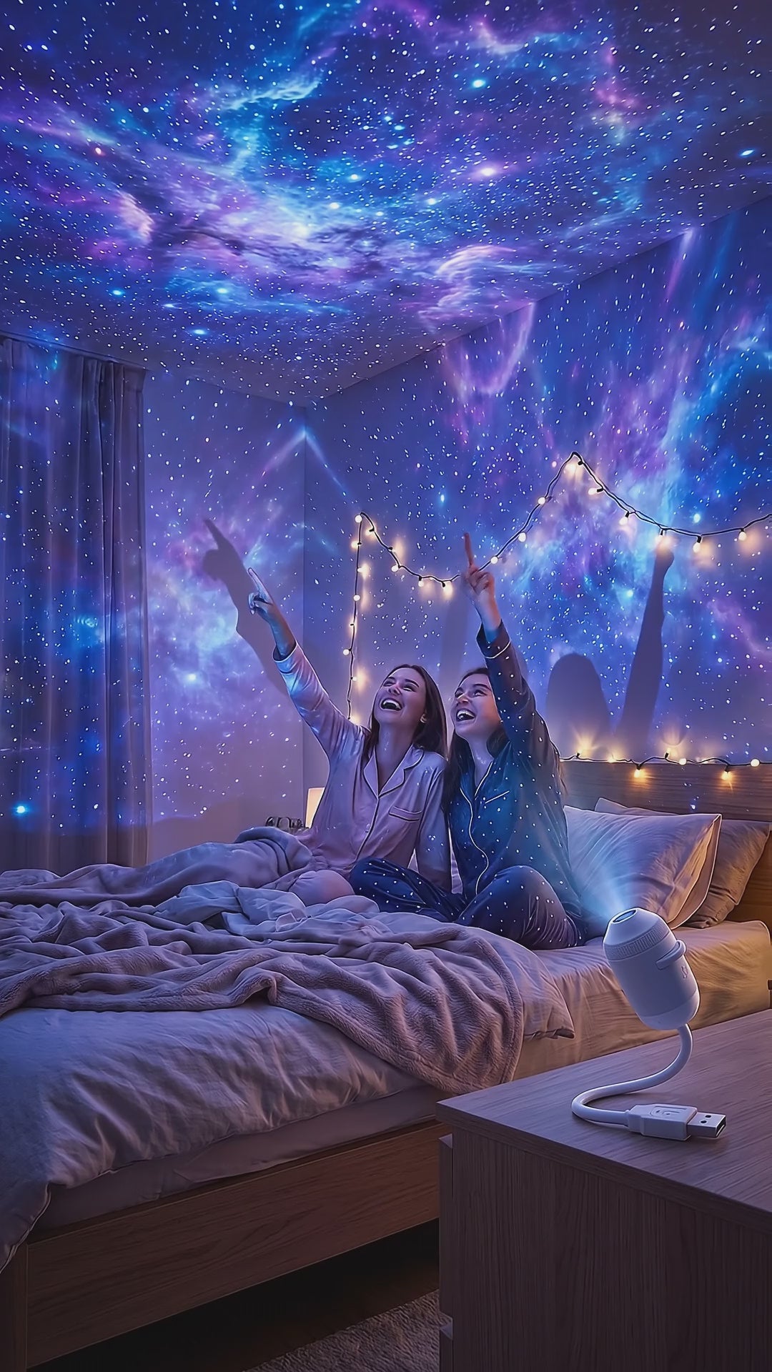 Friends watching a galaxy projected across the whole bedroom